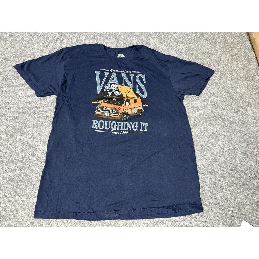 VANS Shirt Mens L Blue Crew Neck Roughing It Skeleton Camping Tagless Tee